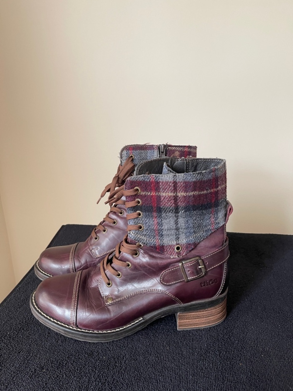 Taos Footwear Burgundy Lace-Up Ankle Boots with Plaid Cuff